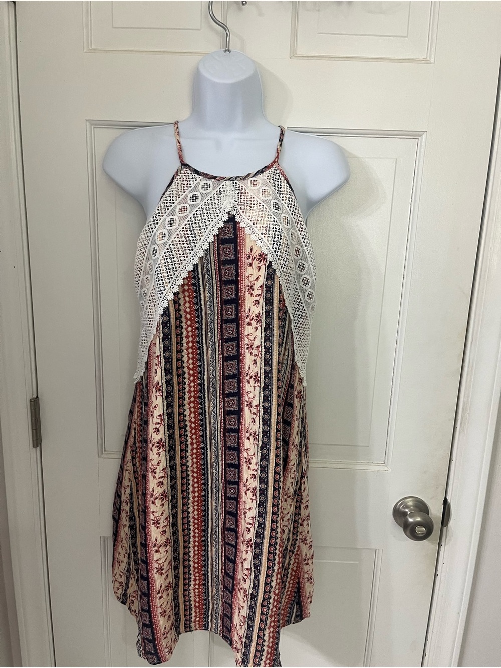 Altar'd State Cream, Navy & Rust Striped Boho Sundress with Crochet Yoke
